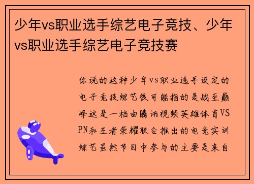 少年vs职业选手综艺电子竞技、少年vs职业选手综艺电子竞技赛